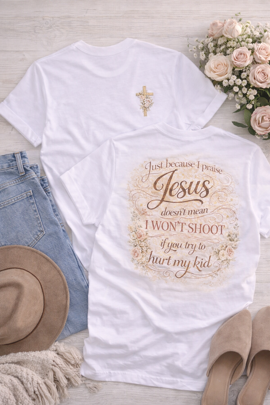 Christian Mama Shirt Front and Back Design | Floral Cross Shirt | Faith Based Women’s Tee | Bella Canvas Style Shirt | Religious Gift for Mom
