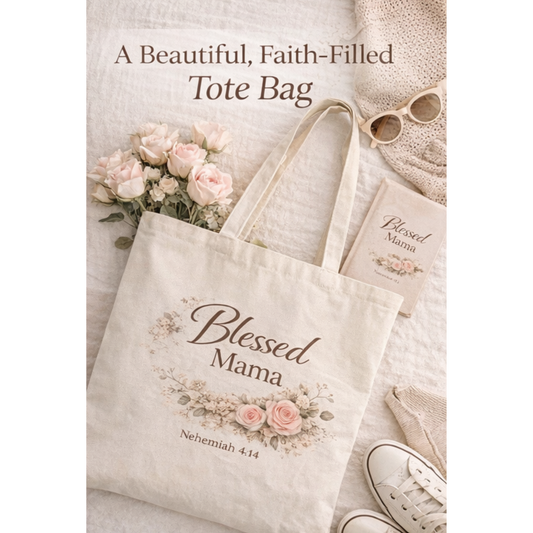 Blessed Mama Tote Bag | Christian Tote Bag for Moms | Faith-Based Gift for Women | Nehemiah 4:14 Scripture Bag