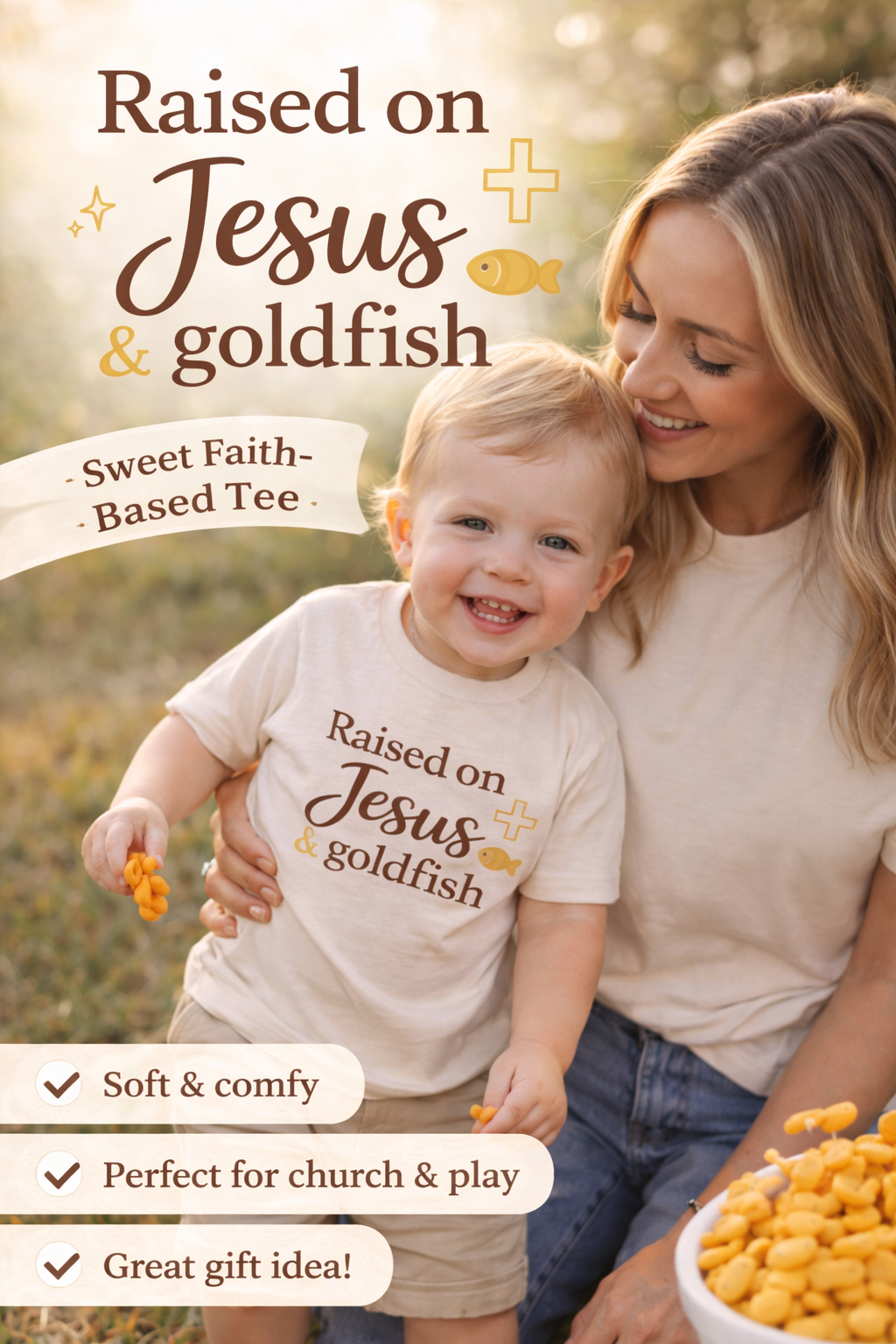 Raised on Jesus & Goldfish Toddler Tee | Faith-Based Kids Shirt | Christian Toddler Outfit | Cute Church Shirt