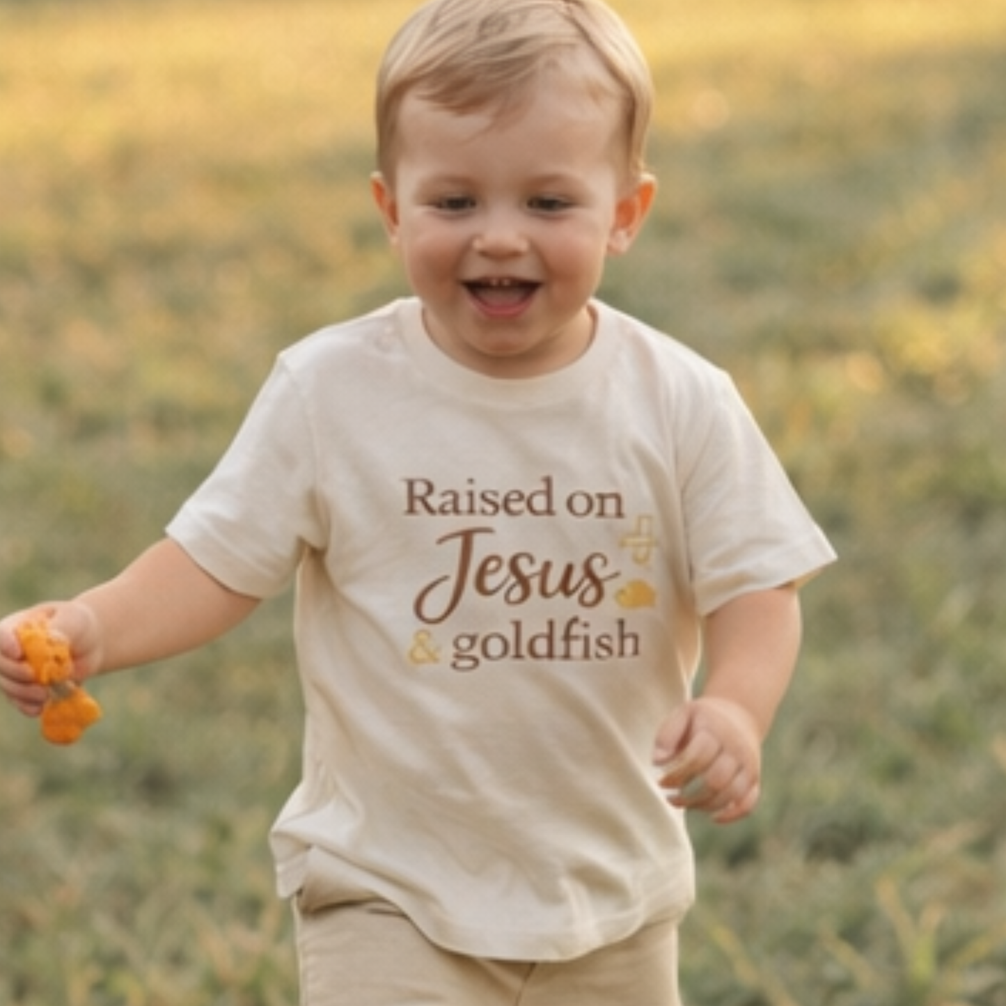 Raised on Jesus & Goldfish Toddler Tee | Faith-Based Kids Shirt | Christian Toddler Outfit | Cute Church Shirt