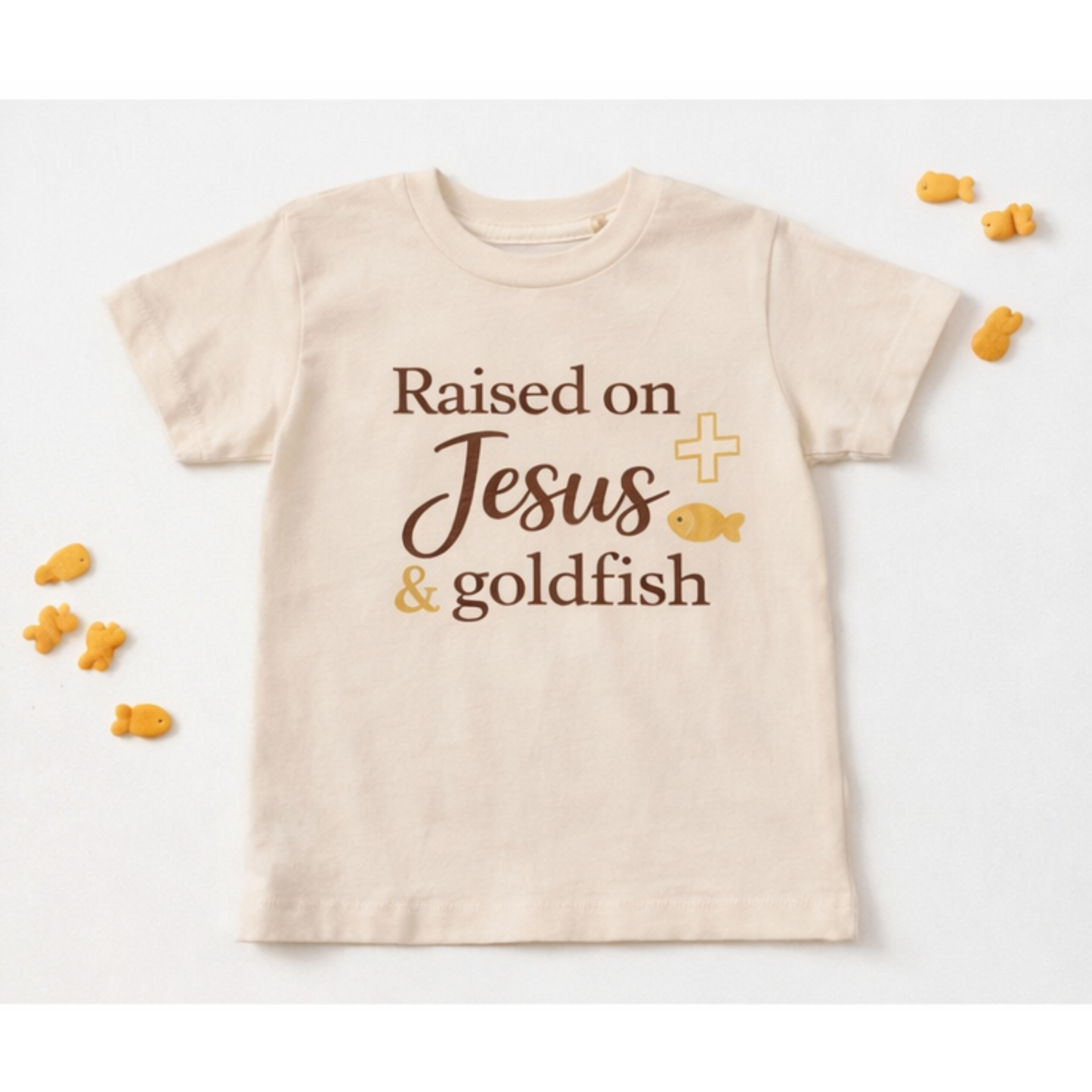 Raised on Jesus & Goldfish Toddler Tee | Faith-Based Kids Shirt | Christian Toddler Outfit | Cute Church Shirt