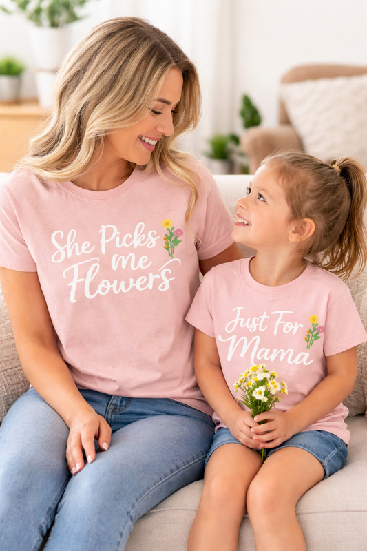 She Picks Me Flowers Mama Shirt | Cute Mom Tee | Motherhood Shirt | Gift for Mom | Bella Canvas Soft Tee