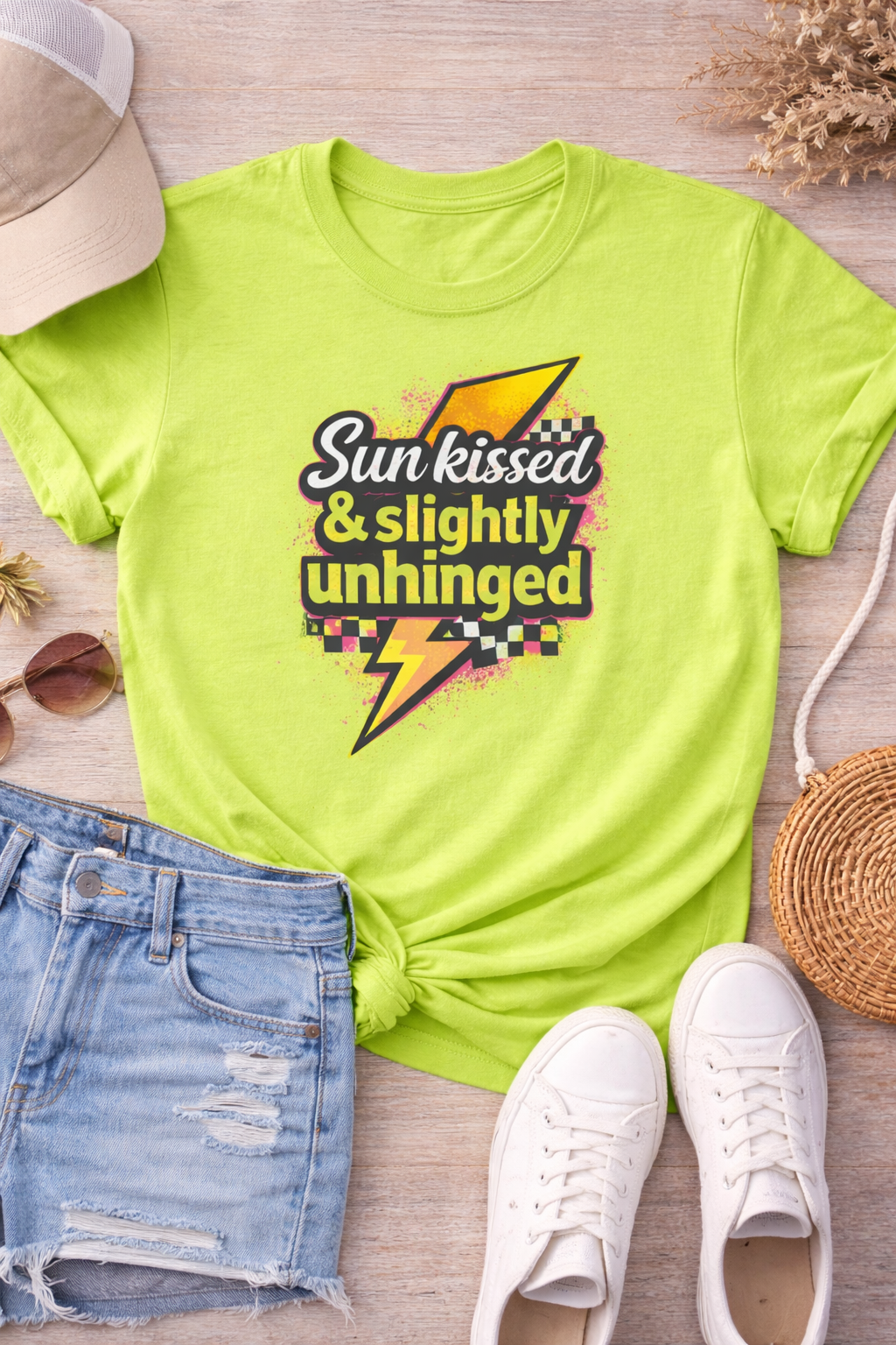 Sun Kissed & Slightly Unhinged Mom Shirt | Funny Mom Summer Tee | Neon Mama Shirt | Trendy Graphic Tee for Moms