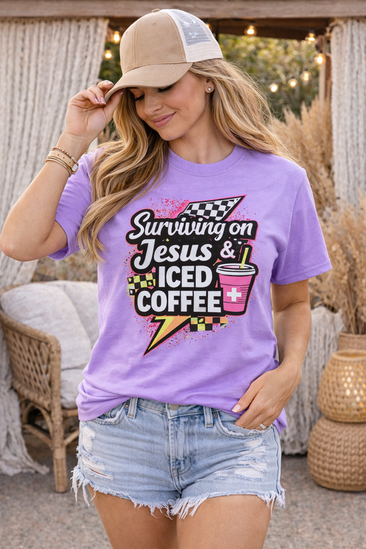Surviving on Jesus & Iced Coffee Shirt | Faith Mom Tee | Funny Christian Mom Shirt | Summer Neon Graphic Tee