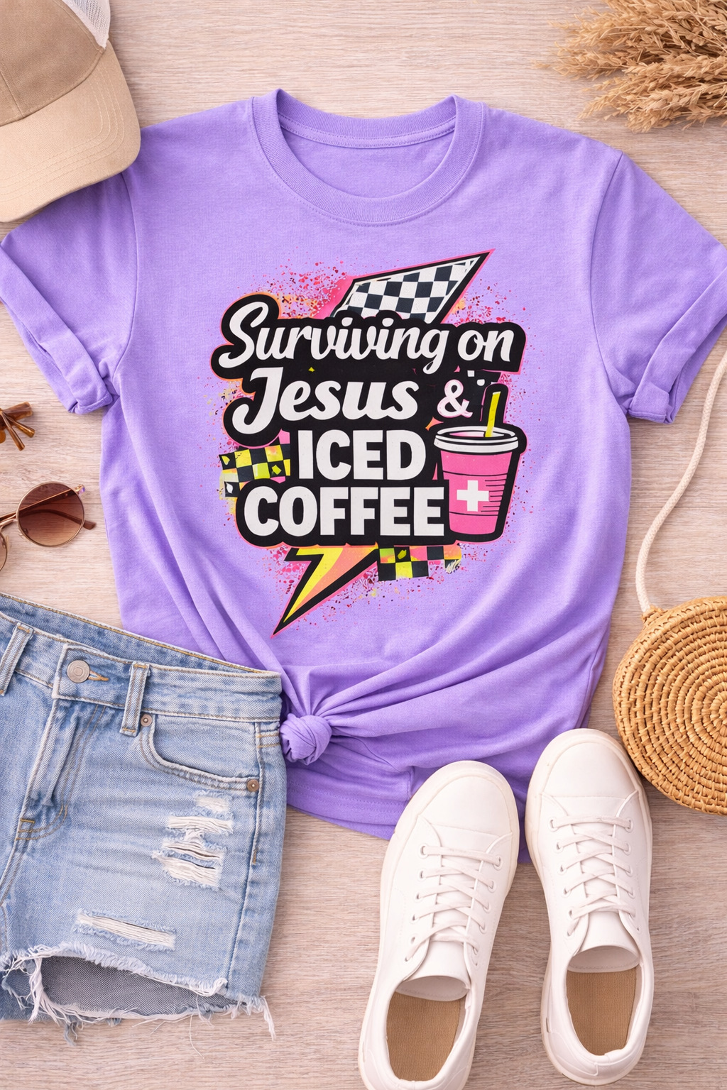 Surviving on Jesus & Iced Coffee Shirt | Faith Mom Tee | Funny Christian Mom Shirt | Summer Neon Graphic Tee