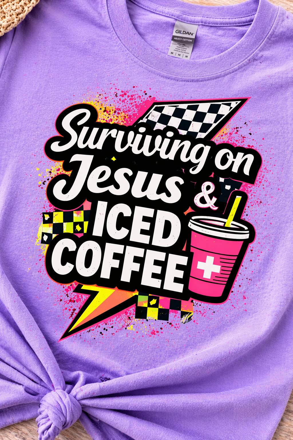 Surviving on Jesus & Iced Coffee Shirt | Faith Mom Tee | Funny Christian Mom Shirt | Summer Neon Graphic Tee