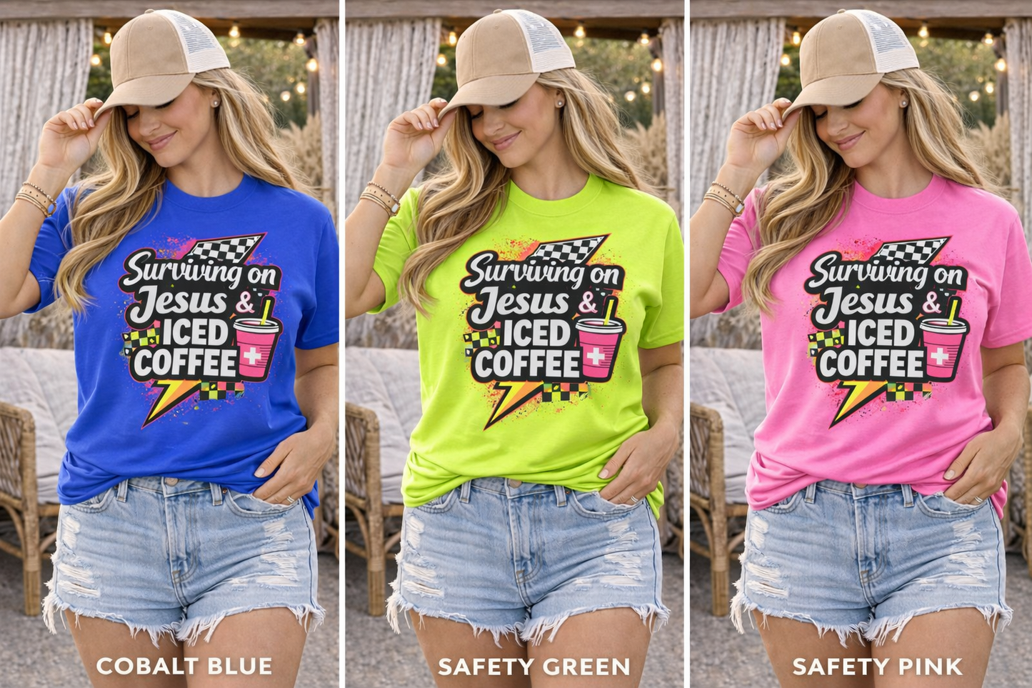 Surviving on Jesus & Iced Coffee Shirt | Faith Mom Tee | Funny Christian Mom Shirt | Summer Neon Graphic Tee