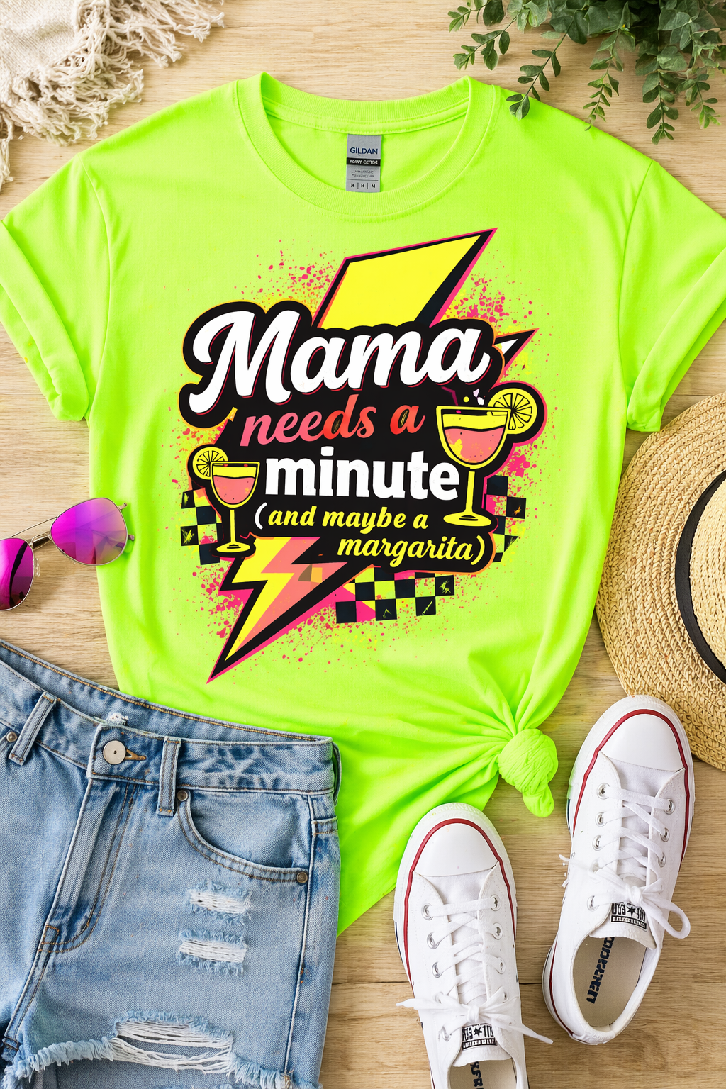 Mama Needs a Minute Shirt | Funny Mom Shirt | Margarita Mom Tee | Summer Neon Graphic Tee | Relatable Mom Life Shirt