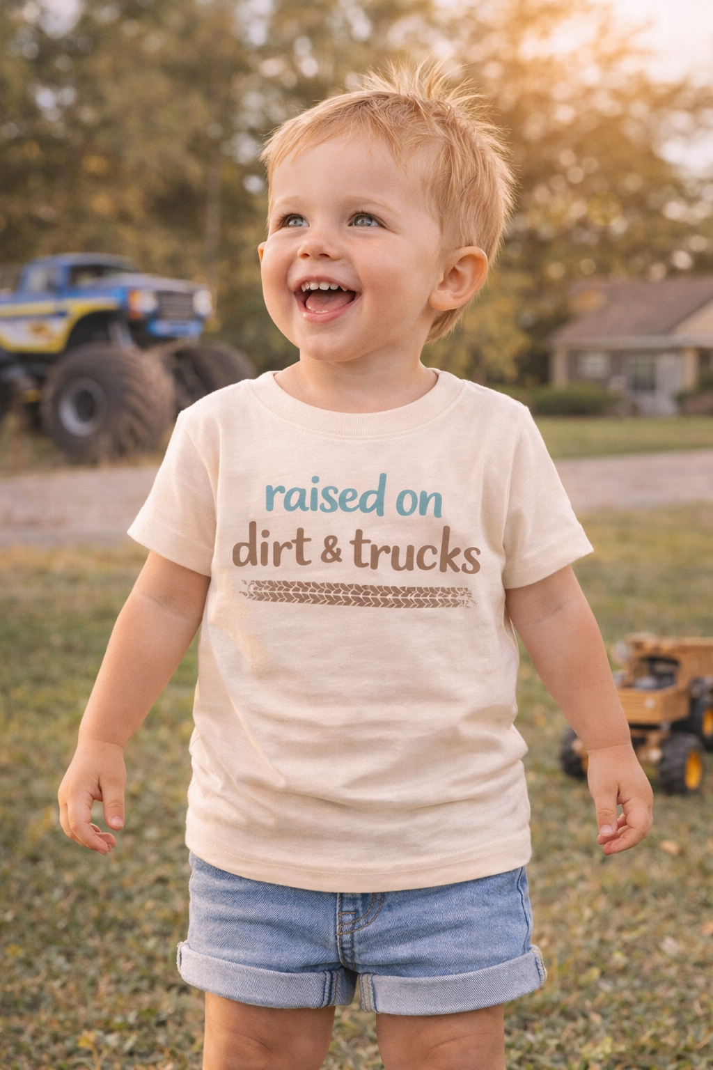Raised on Dirt & Trucks Toddler Shirt | Boy Mom Tee | Truck Lover Toddler Outfit | Cute Boy Toddler Shirt | Bella Canvas Tee