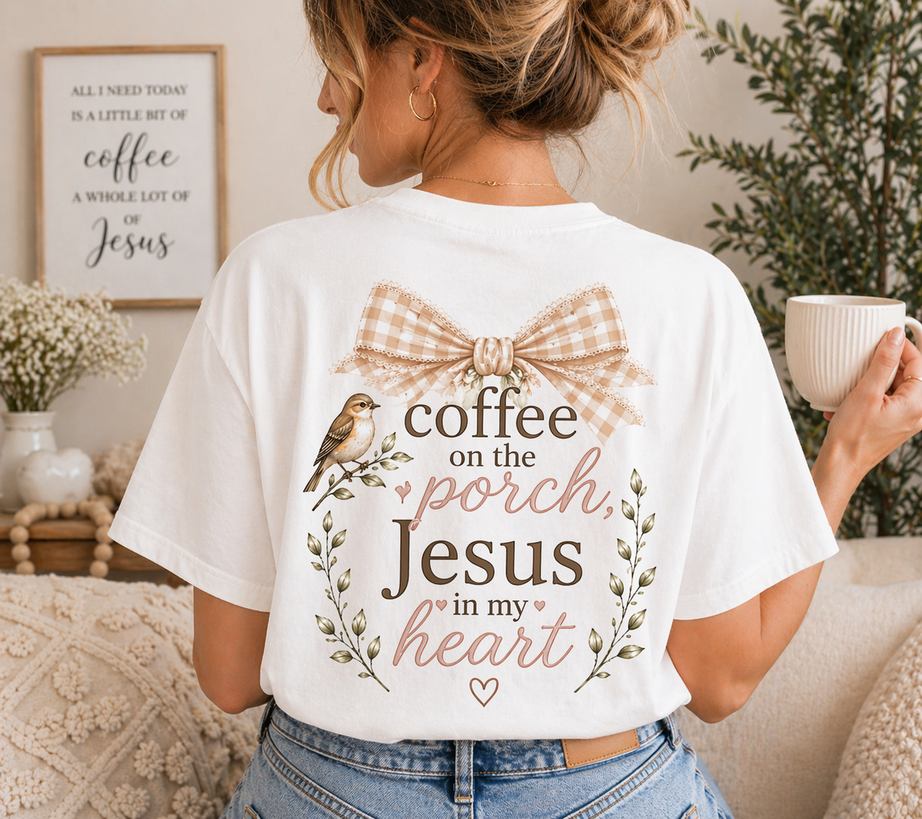 Coffee on the Porch Jesus in My Heart Shirt | Christian Mama Tee | Faith-Based Boutique Shirt