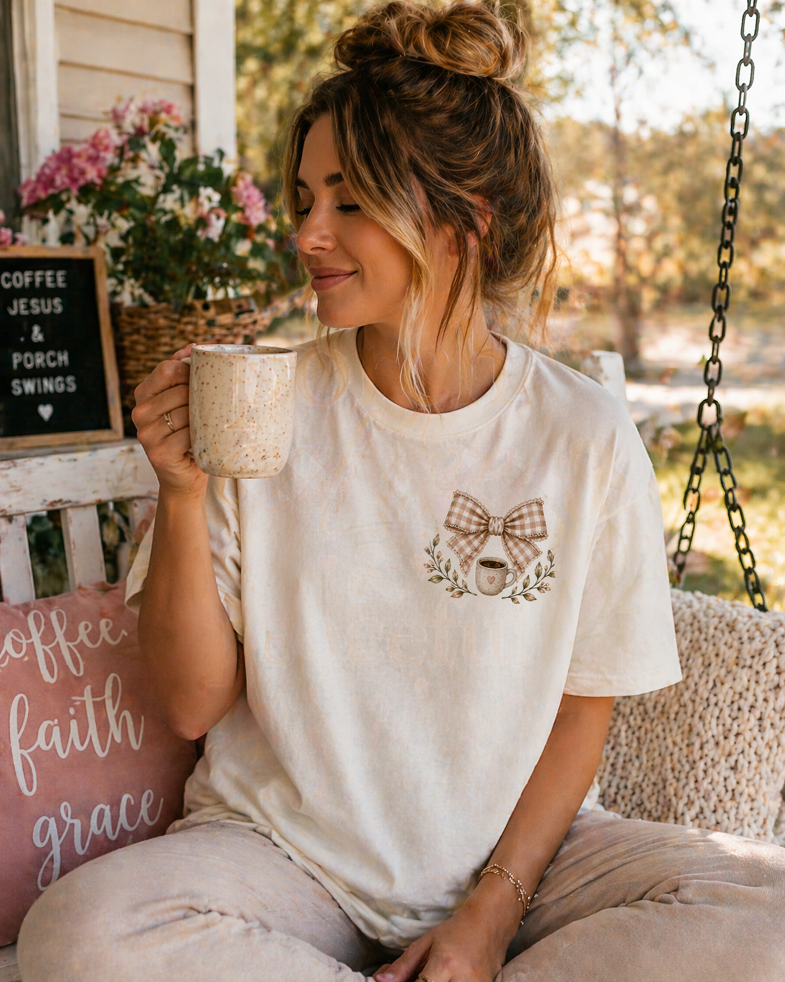 Porch Coffee & Peaceful Mornings Tee | Faith Based Mama Shirt | Cozy Christian Mom Graphic Tee | Soft Boutique T-Shirt
