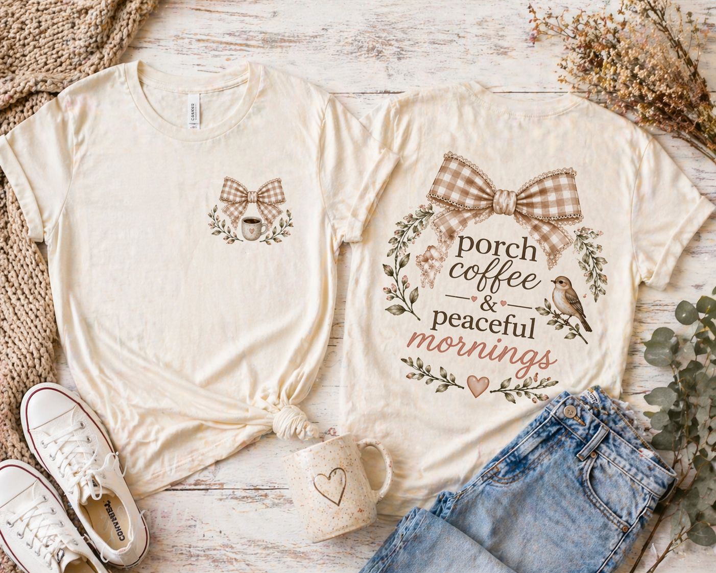 Porch Coffee & Peaceful Mornings Tee | Faith Based Mama Shirt | Cozy Christian Mom Graphic Tee | Soft Boutique T-Shirt
