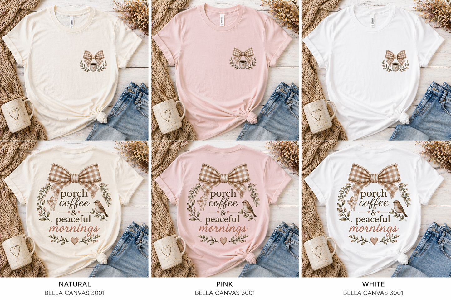 Porch Coffee & Peaceful Mornings Tee | Faith Based Mama Shirt | Cozy Christian Mom Graphic Tee | Soft Boutique T-Shirt