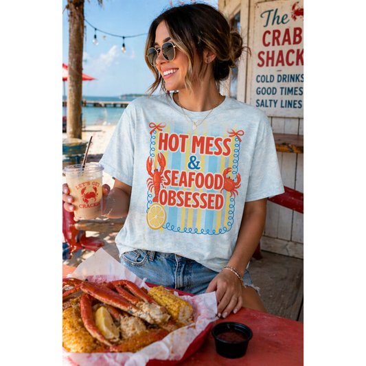 Hot Mess & Seafood Obsessed Tee | Coastal Mom Shirt | Summer Beach Graphic Tee | Funny Mom Shirt | Bella Canvas T-Shirt