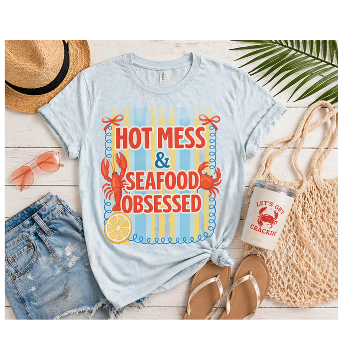 Hot Mess & Seafood Obsessed Tee | Coastal Mom Shirt | Summer Beach Graphic Tee | Funny Mom Shirt | Bella Canvas T-Shirt