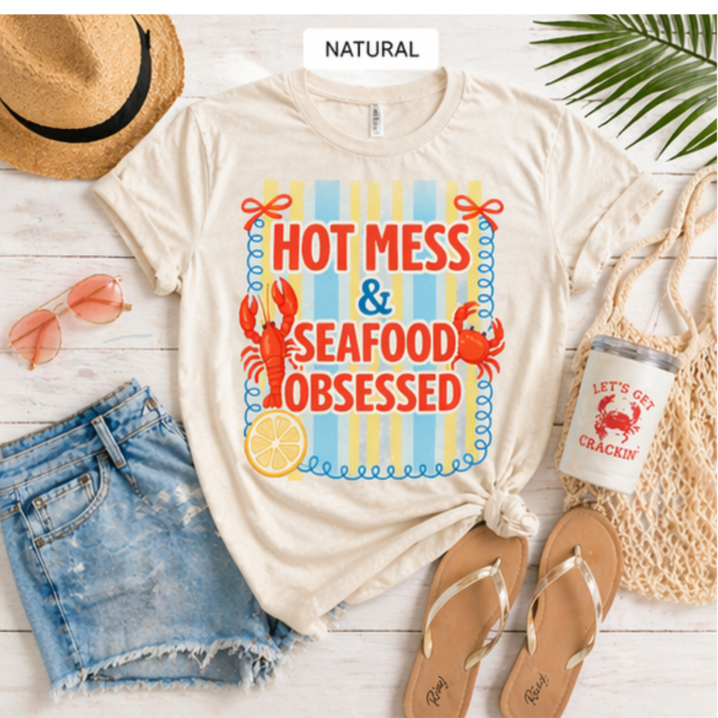 Hot Mess & Seafood Obsessed Tee | Coastal Mom Shirt | Summer Beach Graphic Tee | Funny Mom Shirt | Bella Canvas T-Shirt