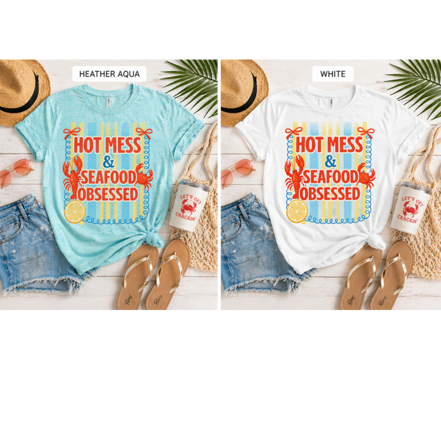 Hot Mess & Seafood Obsessed Tee | Coastal Mom Shirt | Summer Beach Graphic Tee | Funny Mom Shirt | Bella Canvas T-Shirt