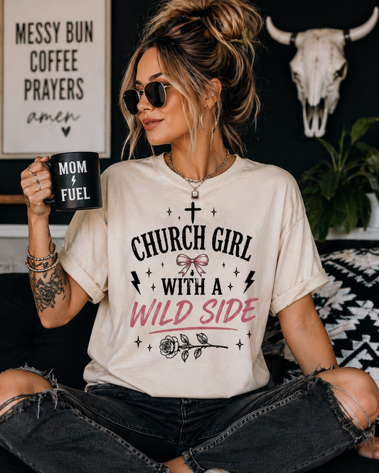 Church Girl With a Wild Side Shirt | Christian Graphic Tee | Faith Based Shirt for Women | Trendy Christian Mama Tee | Bella Canvas T-Shirt