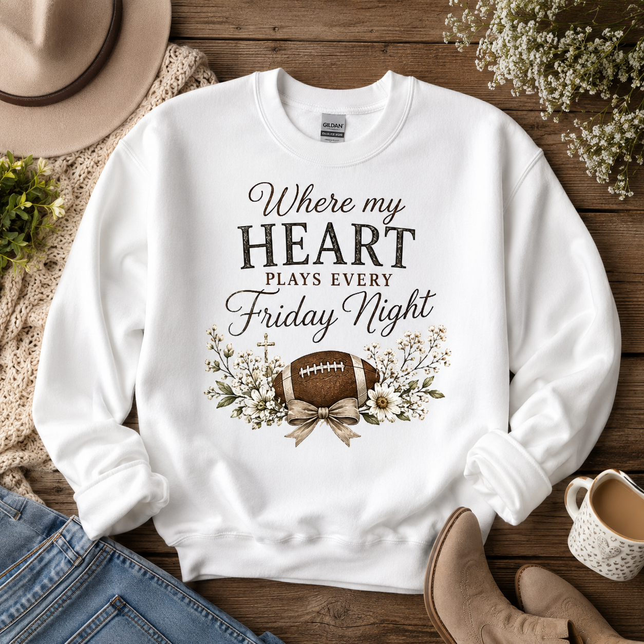 Football Mom Sweatshirt | Where My Heart Plays Every Friday Night Crewneck | Cozy Gildan Football Sweatshirt | Game Day Sweatshirt for Mom