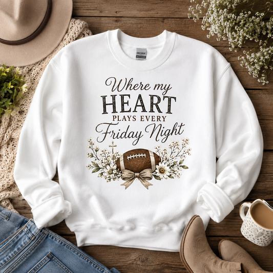 Football Mom Sweatshirt | Where My Heart Plays Every Friday Night Crewneck | Cozy Gildan Football Sweatshirt | Game Day Sweatshirt for Mom