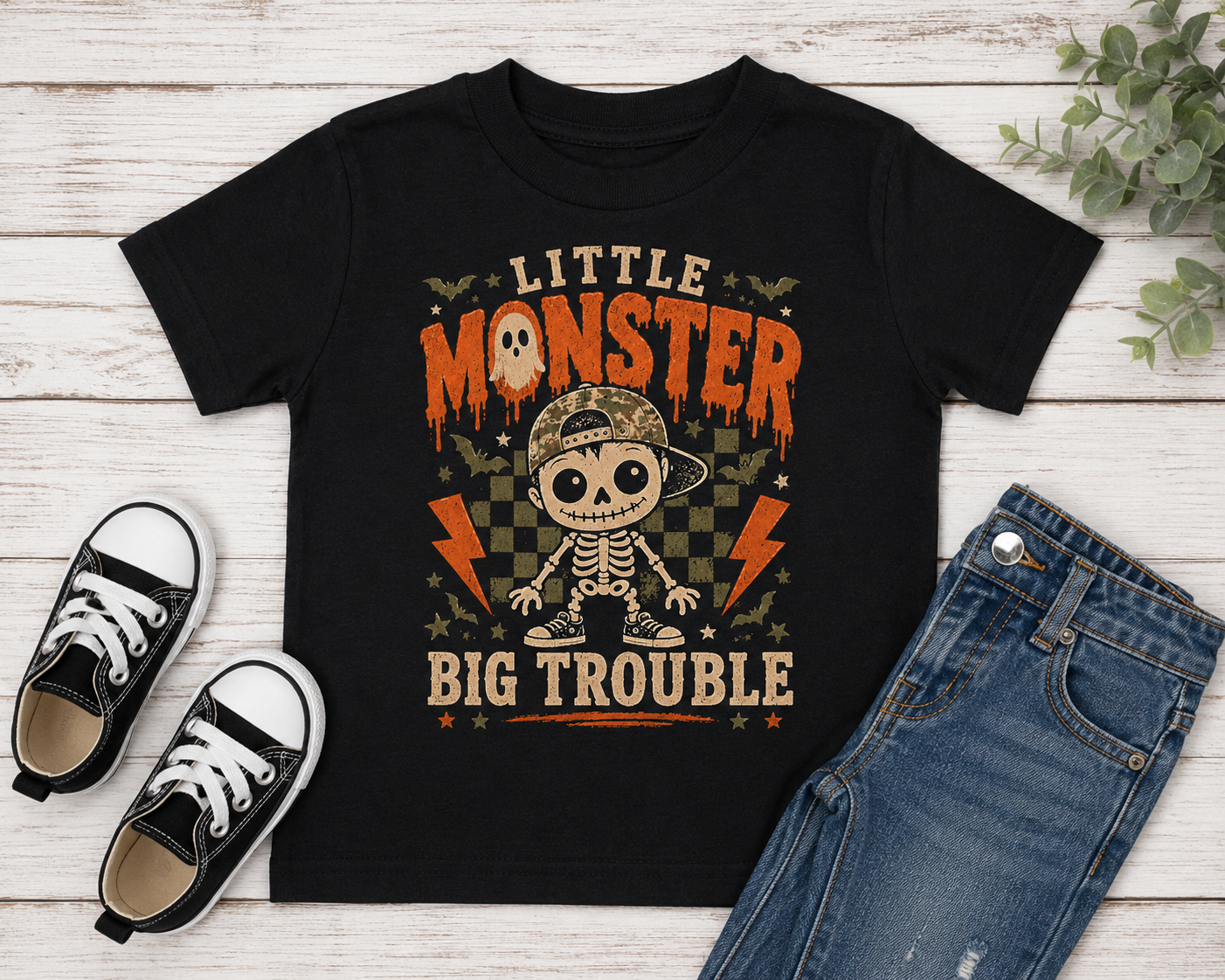 Little Monster Big Trouble Toddler Halloween Shirt
