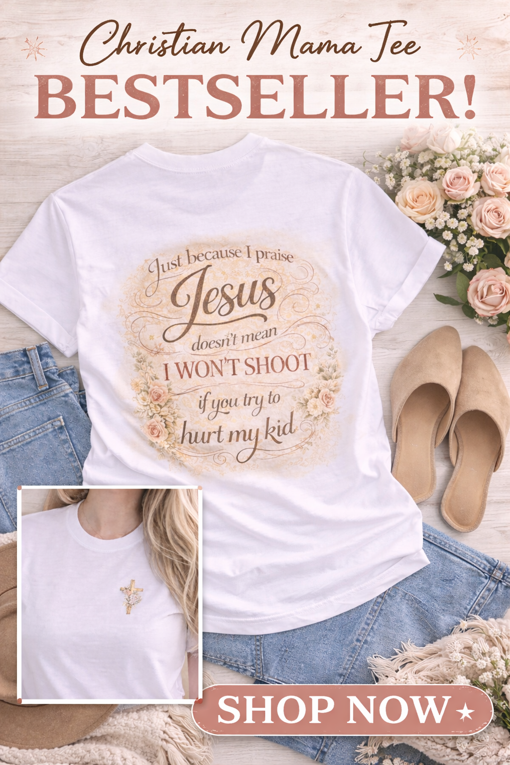 Christian Mama Shirt Front and Back Design | Floral Cross Shirt | Faith Based Women’s Tee | Bella Canvas Style Shirt | Religious Gift for Mom