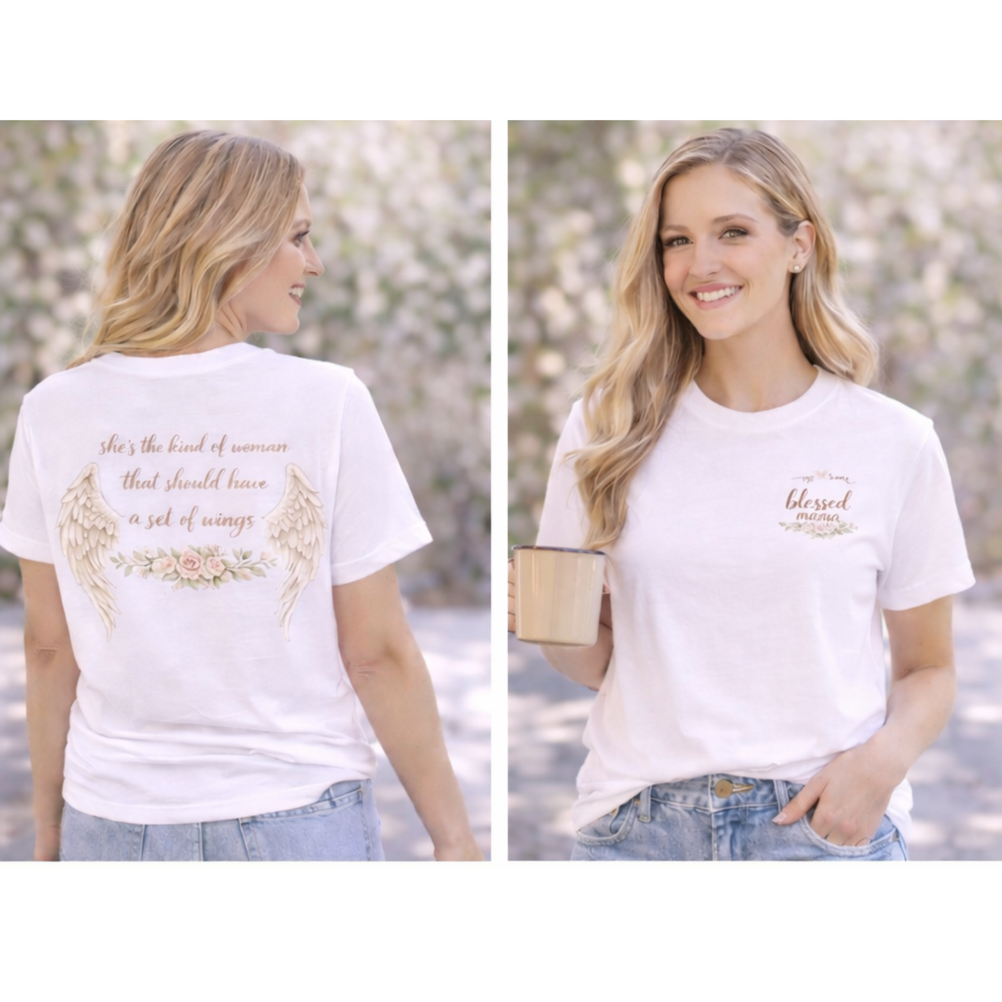 Blessed Mama Shirt – Faith-Based Women’s Tee with Angel Wings Back Design – Christian Mom Shirt – Bella Canvas Graphic T-Shirt – Gift for Moms