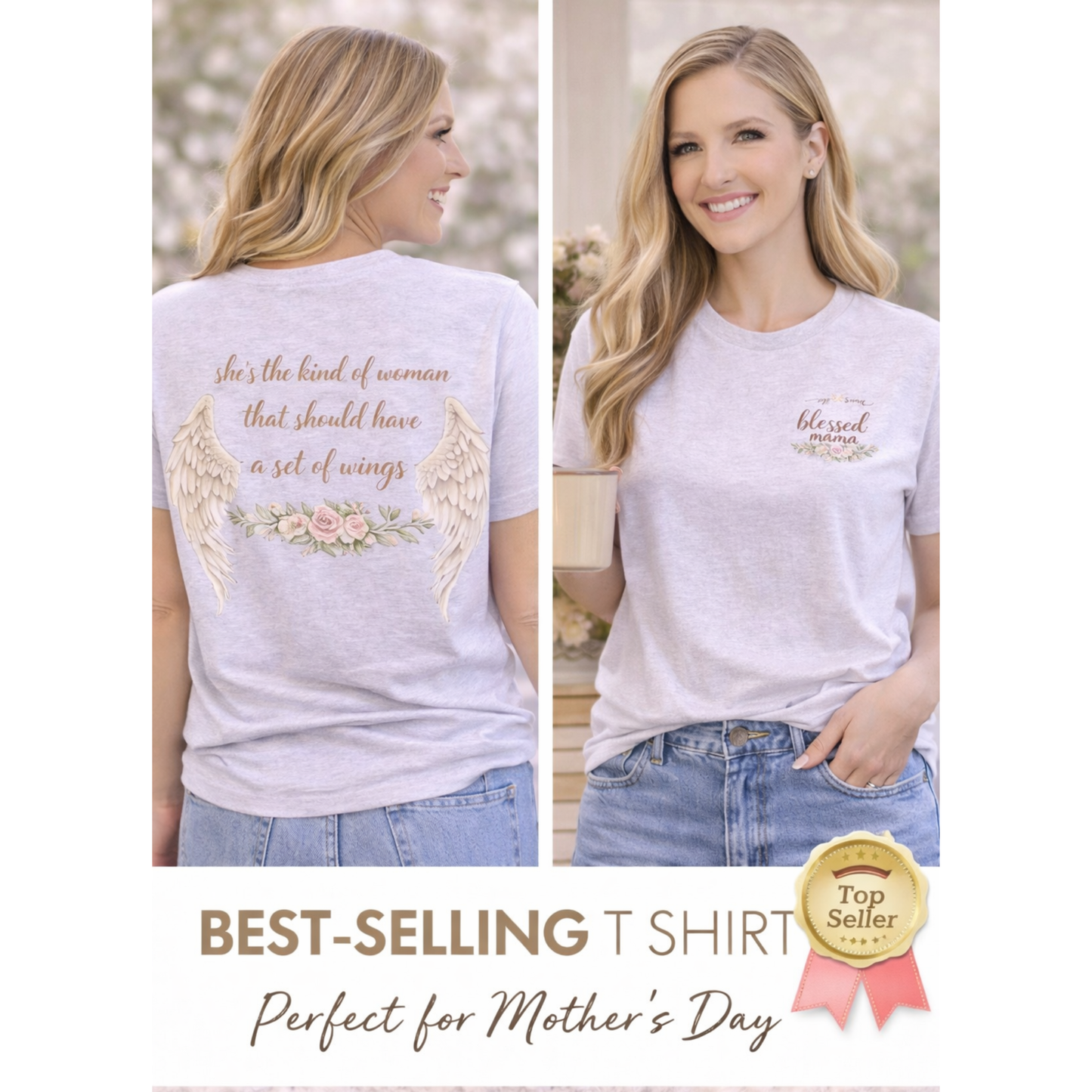 Blessed Mama Shirt – Faith-Based Women’s Tee with Angel Wings Back Design – Christian Mom Shirt – Bella Canvas Graphic T-Shirt – Gift for Moms