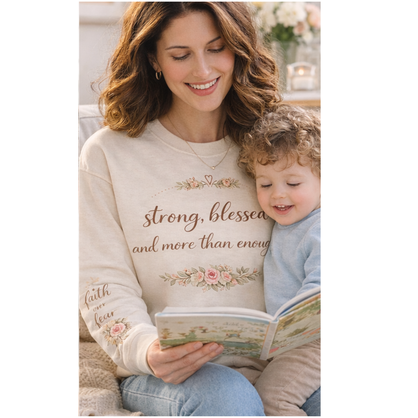 Strong, Blessed and More Than Enough Sweatshirt | Faith Over Fear Sleeve | Christian Mama Crewneck | Inspirational Floral Sweatshirt