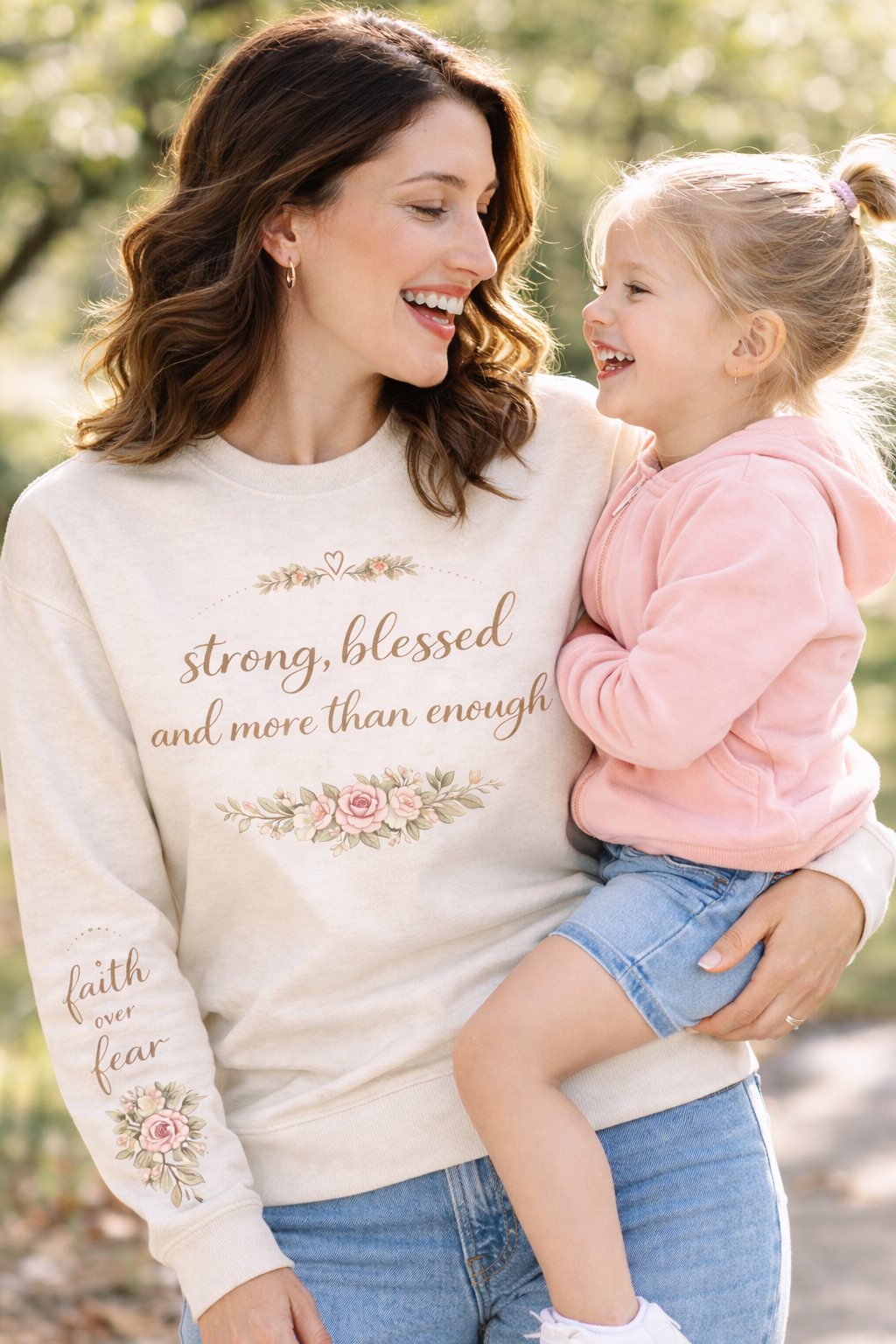 Strong, Blessed and More Than Enough Sweatshirt | Faith Over Fear Sleeve | Christian Mama Crewneck | Inspirational Floral Sweatshirt